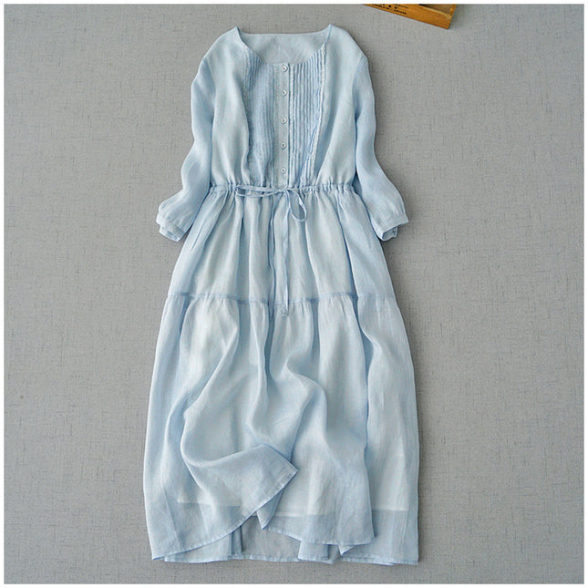 Drawstring dress Loose Artistic Slimming Mid-length Organ Pleated Blue Mori Base Skirt Elegant Fairy Skirt for Summer