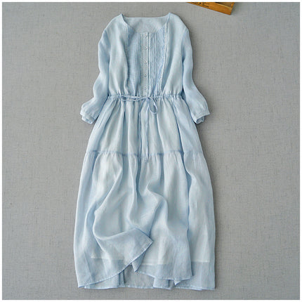 Drawstring dress Loose Artistic Slimming Mid-length Organ Pleated Blue Mori Base Skirt Elegant Fairy Skirt for Summer