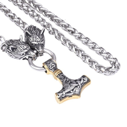 Foreign Trade Explosions Viking Retro Rune Hammer Pendant Wolf Head Necklace Nordic Norway Style Jewelry Men's Wholesale Hair