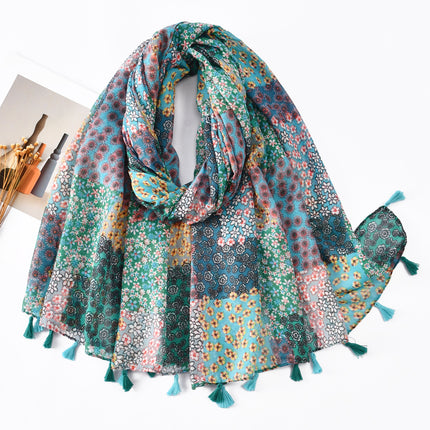 Fresh and Elegant Red Petal Mixed Printed Tassel Gauze Women's Cotton and Linen Scarf Travel Decorative Shawl