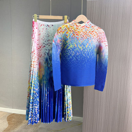European-Style Early Autumn New Design Stylish Printed Pleated Skirt Set 2024 High-End Fashion Two-Piece Set for Women