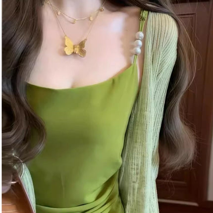 2025 New Summer Vacation French-Style Spaghetti Strap Green Dress Trendy High-End Elegant Stunning Super Fairy Dopamine