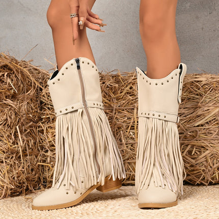 Cross-Border Tassel Thick Heel Western Cowboy Boots for Women 2025 New Autumn and Winter Retro Solid Color Mid-Calf Boots Knight Boots