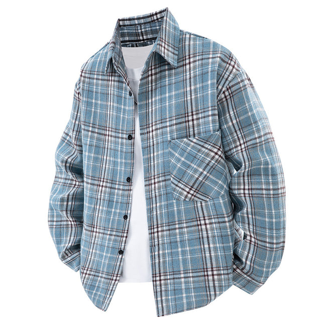 Foreign Trade Japanese and Korean Retro Contrasting Color Brushed Plaid Long-Sleeved Shirt Men's Spring & Fall Trendy Brand Loose Casual Shirt Jacket-