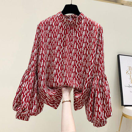 Spring New Fashion Floral Silk Shirt Women's Design Sense Niche Chiffon Lantern Sleeve Shirt Lace Shirt, Snow
