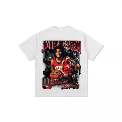 Jalen Green American Printed Long-Sleeved Short-Sleeved T-Shirt Washed and Distressed Heavy Loose Men's Clothing