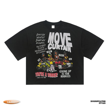 LawFoo Autumn American Vintage Direct Spray Streetcar Printed T-Shirt for Men and Women Couple Loose Round Neck Short Top