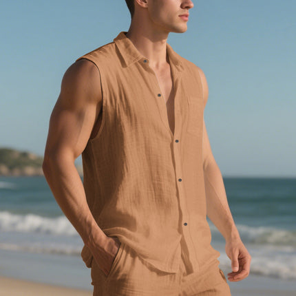 Cross-Border Amazon European and American Men's New Summer Products New Loose Linen Simple Casual Sleeveless Beach Shirt