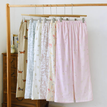 Japanese-Style Simple Cotton Gauze Pajama Pants Spring and Summer Full Cotton Printed Casual Loose Plus-Size Women's Long Home Pants