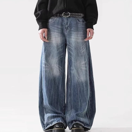 American High Street Vibe Lightning Crack Blue Jeans for Men and Women Trendy Straight Wide-Leg Pants Cross-Border Hot Style
