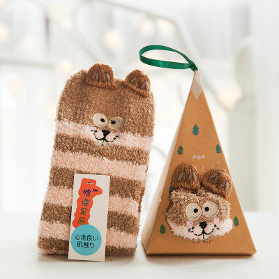 Coral Fleece Japanese-Style Christmas Socks with Embroidered 3D Cartoon Design, Boxed Floor Socks, Half Fleece Socks for Women