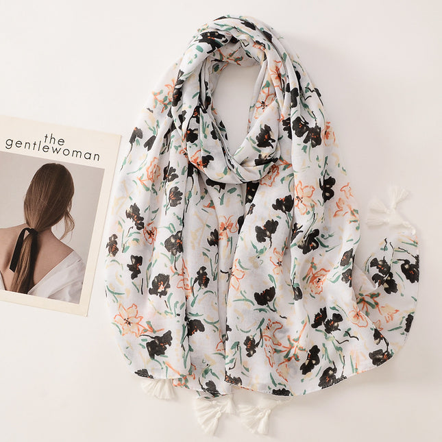 Ethnic Style Simple Elegant Artistic Ink Painting Flower Soft Beach Towel Cotton Linen Hand Scarf Air-Conditioned Room Decorative Shawl