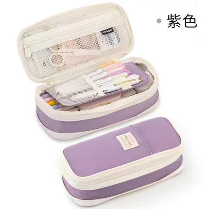 Cross-Border Color-Blocked Retractable Pencil Case, Large-Capacity Stationery Bag, Multifunctional Double-Zipper for Students, Simple and Convertible into Canvas