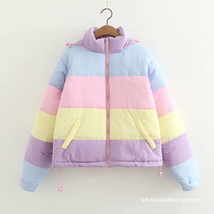 Japanese Style Soft Cute Girl Small Fresh Rainbow Contrasting Loose Thickeneded Cotton Outwear Outwear Female Winter Student Bread Outwear European and American