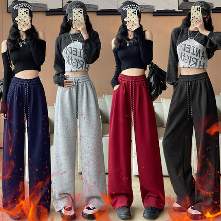 in stock Ancora Red Drawstring Sports Pants Autumn and Winter High Waist Casual Slimming Wide Leg Pants Women's Fleece-Led Pants
