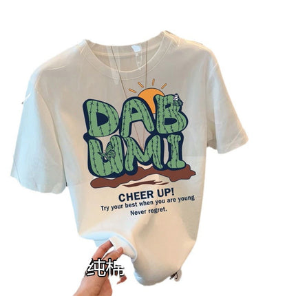 2024 New Shoulder Printed Cotton Short-sleeved Men's and Women's T-shirt Fashionable All-match Slimming White Top Base Shirt