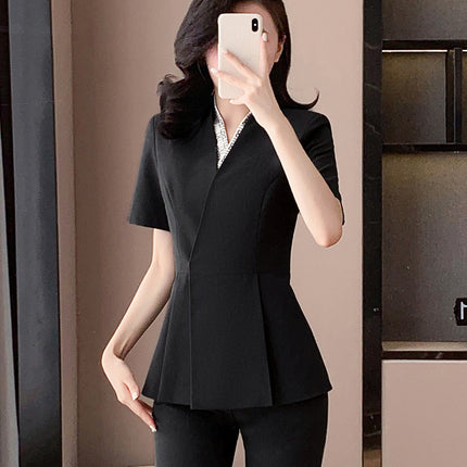 Blue Suit Jacket Women's Spring and Summer Short-sleeved Jewelry Store Front Desk Business Dress Dress Waist Tight Beauty Salon Suit suit
