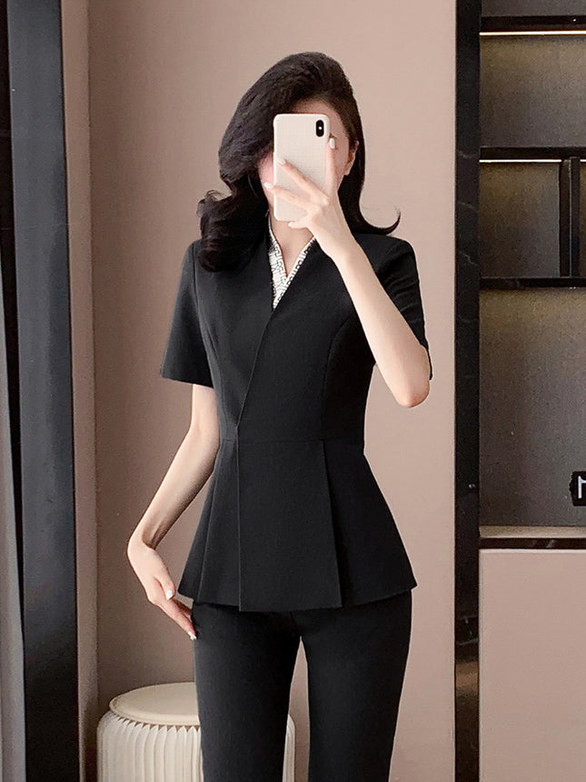 Blue Suit Jacket Women's Spring and Summer Short-sleeved Jewelry Store Front Desk Business Dress Dress Waist Tight Beauty Salon Suit suit