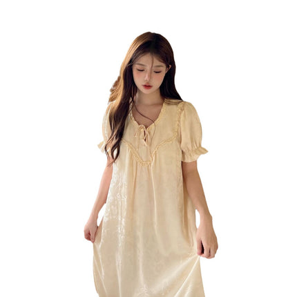 [Cheese Long Dress] Spring and Summer New Jacquard Girl's Short-sleeved Long Dress Pajamas Women's Thin Fairy Style Home Clothes