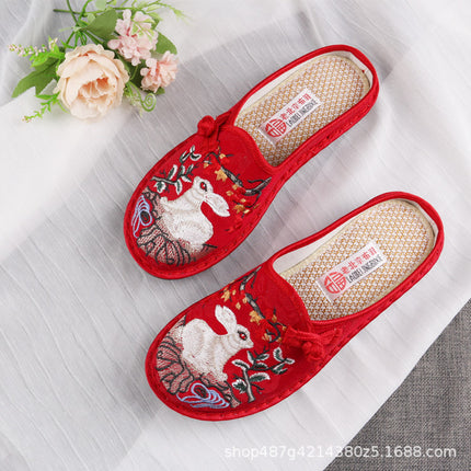 Women's Fashionable Half-Mop Shoes Spring and Summer Flats Round Toe Shallow Mouth Flats Bottom Ethnic Style Embroidered Shoes Middle-Aged Mother's Shoes