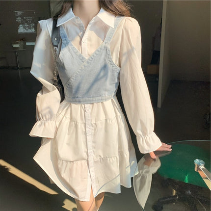 White dress Spring Thin 2025 New Vintage French Style Waist Design Long Sleeve Polo Collar Dress for Women