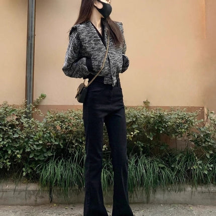 175 Tall Women's Black Bootcut Jeans for Autumn and Winter High-Waisted Elastic Slim Slim Flared Floor-Length Pants
