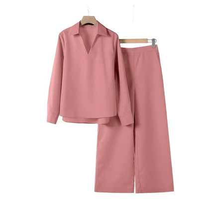 Women's Retro Matching Set 2025 Spring Ol Style Design Long Sleeve Shirt Solid Color Pants 2 Piece Set