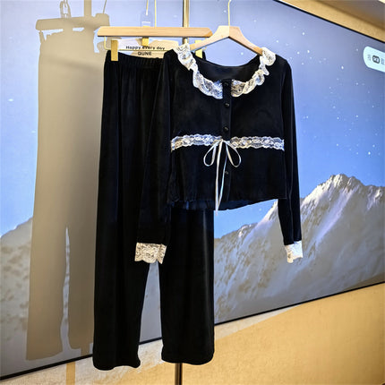 New Style Pajamas Women's Dummy French Style Spring and Autumn Island Velvet Belt Chest Pad Outer Wearing Warm suit Home Clothes Winter