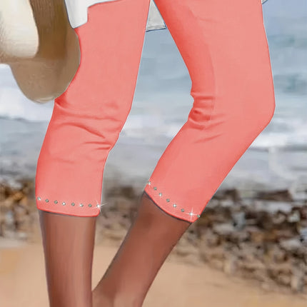 Plus Size Rhinestone Decor Capri Leggings - Casual, High-Waisted