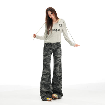 American-Style Spicy Girl Autumn New Flared Jeans for Women with a Unique Design, Camouflage High-Waisted Loose Fit, Slimming and Drapey Bootcut Pants