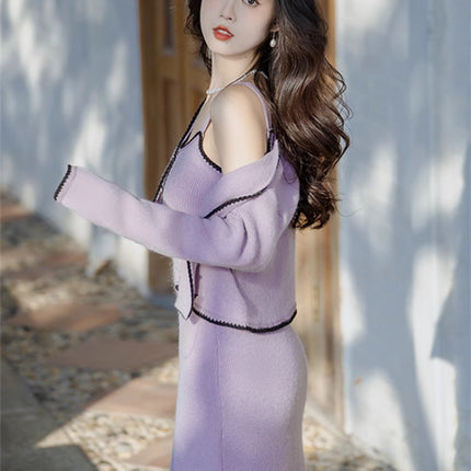 This year's popular purple sweater tea tea gas two-piece suit high-end sense small fragrance sling dress autumn and winter