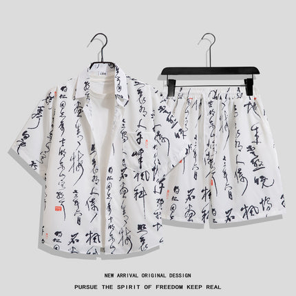 Men's Ins Summer Loose Short-Sleeved Shorts Suit Trendy and Handsome Beach Floral Couple Clothes Hawaiian Style Shirt