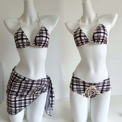 2024 Jenny Star Lace Retro Plaid Bikini Neck Tie-up Low Waist Drawstring Hot Spring Swimsuit for Women