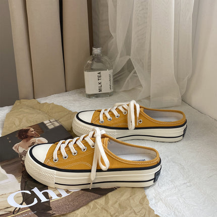 Thick-Soled Canvas Shoes, Half-Flop Women's Shoes, White Shoes for Women, 2025 Spring New Style, Heelless Slip-On Half-Stepping Lazy Shoes for Women