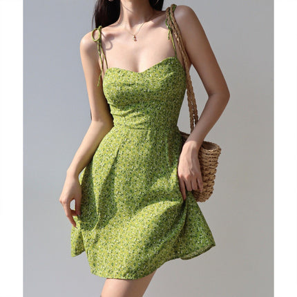American Hot Girl Green Printed Suspender Skirt Summer Fresh Waist Slimming Look A-Line Skirt Shoulder Strap Dress