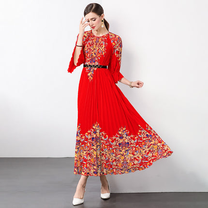 Cross-border 2024 new socialite pleated waist printed fashion large skirt organ pleated dress