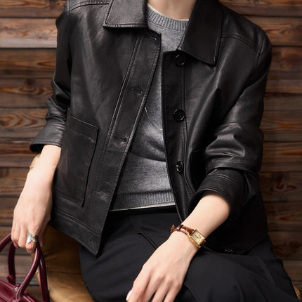 Nordic Harbour Sage Modern Full Vegetable Tanned Sheepskin Leather Coated Sheepskin Short Coat Women's Straight Leather Jacket