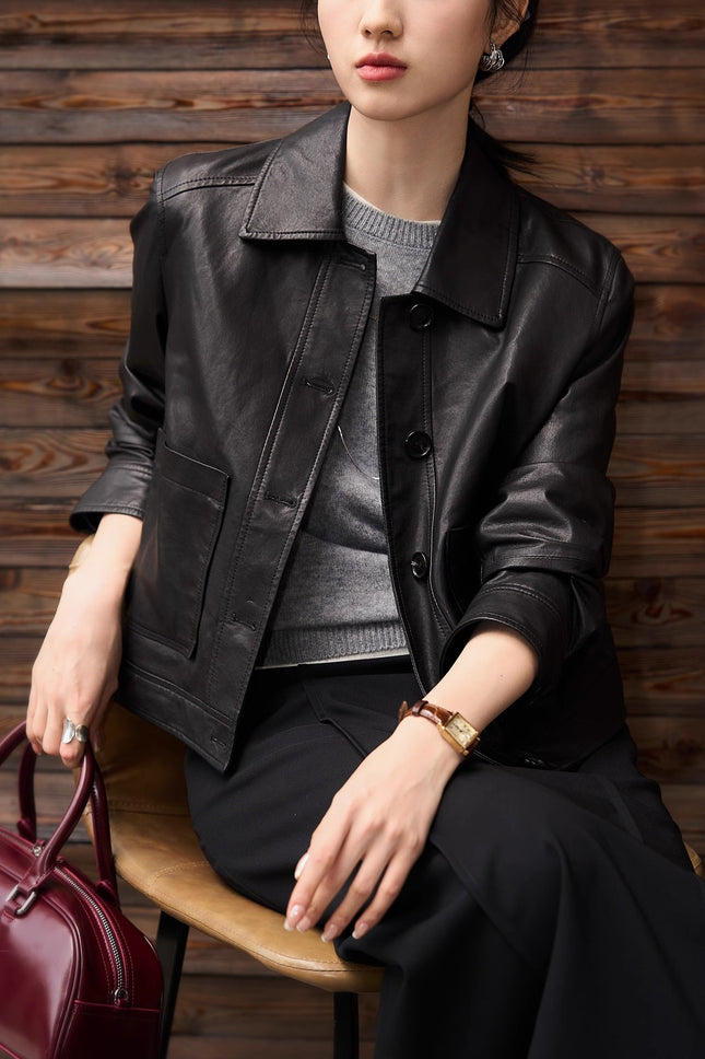 Nordic Harbour Sage Modern Full Vegetable Tanned Sheepskin Leather Coated Sheepskin Short Coat Women's Straight Leather Jacket