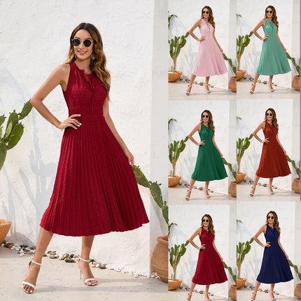Amazon Cross-Border Lace-Up High-Waist Pleated Fur Ball Dress Sleeveless Summer Dress Casual Vacation Travel Dress