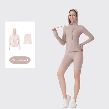[in Stock] Ld Five-Piece Hooded Yoga Suit for Women, Fitness Yoga Set, High-Waisted, Barely-There Feel, Tight-Fitting Sportswear