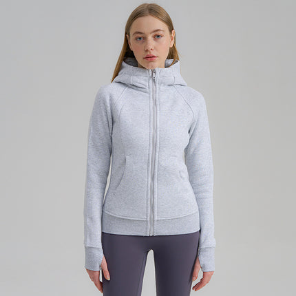 Sports Sweatshirt Jacket Autumn and Winter New Color Jacket Zipper Hooded Fleece-Lined Thickeneded Warm Running Fitness Yoga Wear for Women