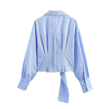 7227-New Women's Clothing European and American Style Lapel Long-Sleeved Shirt with Belt Decoration for Women