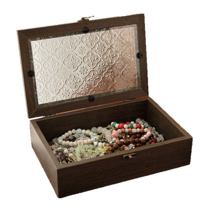 Begonia Flower Glass Storage Box Retro Wooden Desktop Debris Organizer Flip-Top Wooden Box Decoration Dressing Table Jewelry Box
