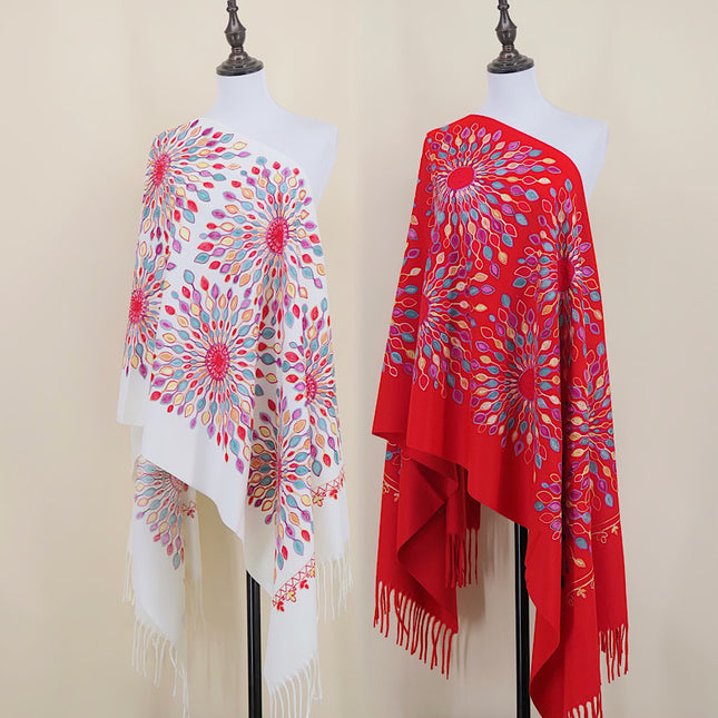Foreign Trade Imitation Cashmere Sunflower Sunflower Embroidered Flower Scarf Shawl Holiday Ethnic Style Travel Cloak 350g