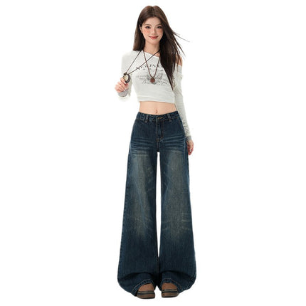 Washed Straight-Leg Jeans for Women, Autumn New American Design, Loose Fit, Slimming, Drapey, Floor-Length Wide-Leg Pants