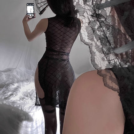 Chinese Cheongsam Pure Wanted Spice Girls Ultra-thin Perspective Sexy Pajamas High Split Hip Skirt Women's High-end Nightdress