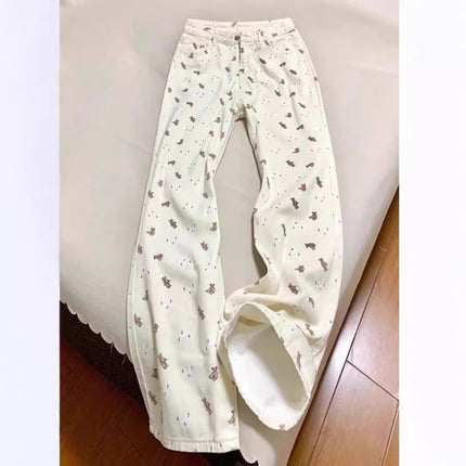 American Retro Bear Print Sweet Jeans for Women, Niche Versatile High-Waisted Floral Slimming Wide-Leg Pants, Fashionable