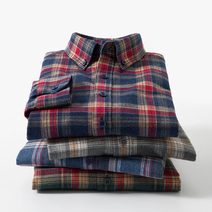 Autumn and Winter New Pure Cotton Brushed Long-Sleeved Shirts for Young and Middle-Aged Plaid Casual Business Men's Shirts Popular on Douyin
