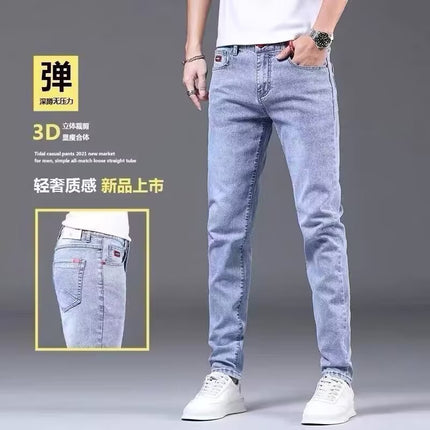 Men's Trendy Summer Thin Light-Colored Slim Fit Skinny Stretch Casual Straight Versatile Washed Jeans