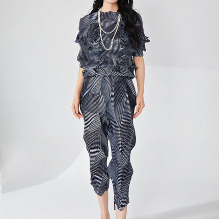 Miyake Fashion suit Women's High-end Spring Irregular T-shirt Top Design Casual Pants Two-piece Fashionable Set